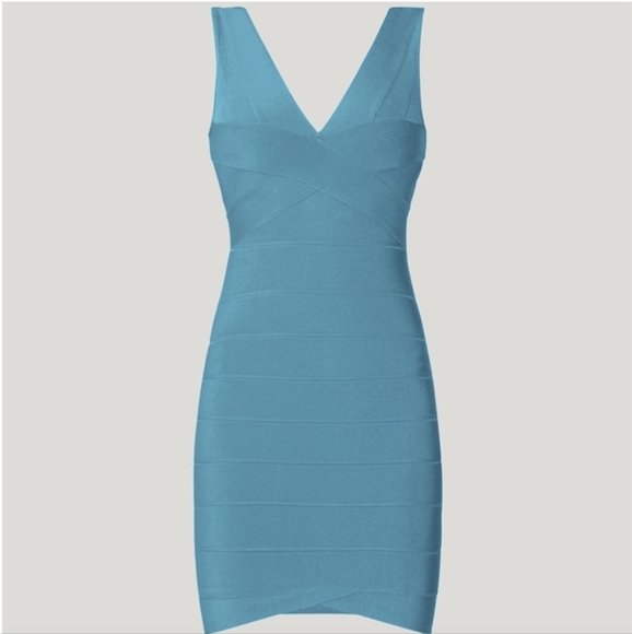 15. NWT HERVE LEGER V NECK MINI BANDAGE DRESS IN TURQUOISE - Picture 5 of 10